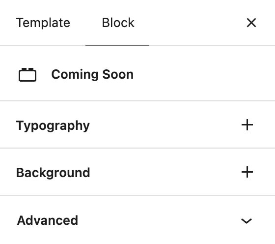 Coming Soon block settings with Typography, Background and Advanced controls.