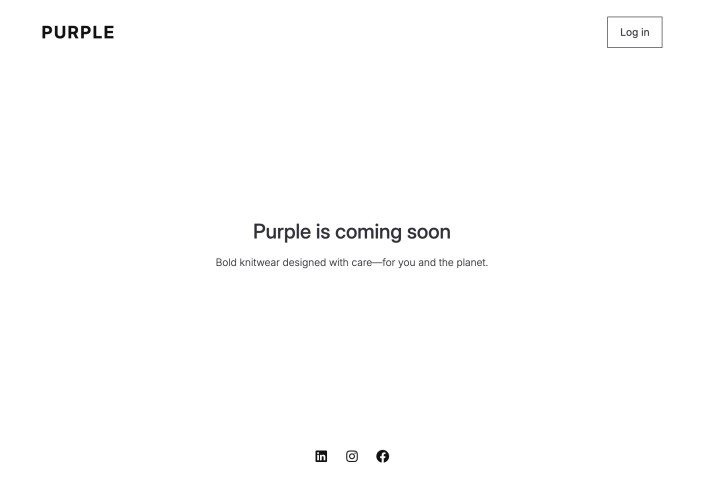 Default Coming Soon page using the Purple theme, with the site title, Log in button, heading, tagline and footer social links.