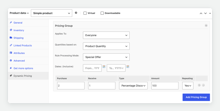 The Dynamic Pricing tab with Rule Processing Mode set to Special Offer and a row reading Purchase 2, Receive 1, Percentage Discount, 100, Repeating Yes