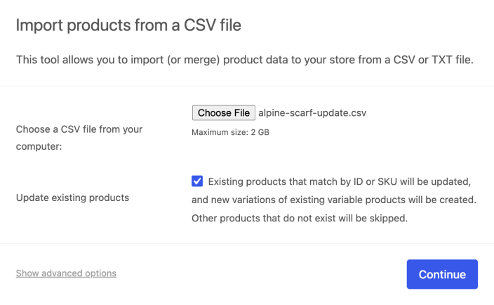 Product CSV import form with a selected CSV file and Update existing products checked; matching products will be updated, eligible variations created, and other unmatched products skipped
