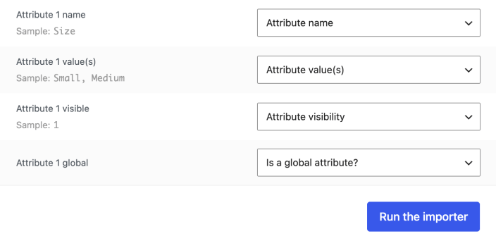 CSV attribute columns mapped to attribute name, values, visibility, and global status, with Run the importer available