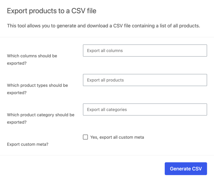 Product CSV export options for columns, product types, categories, and custom metadata